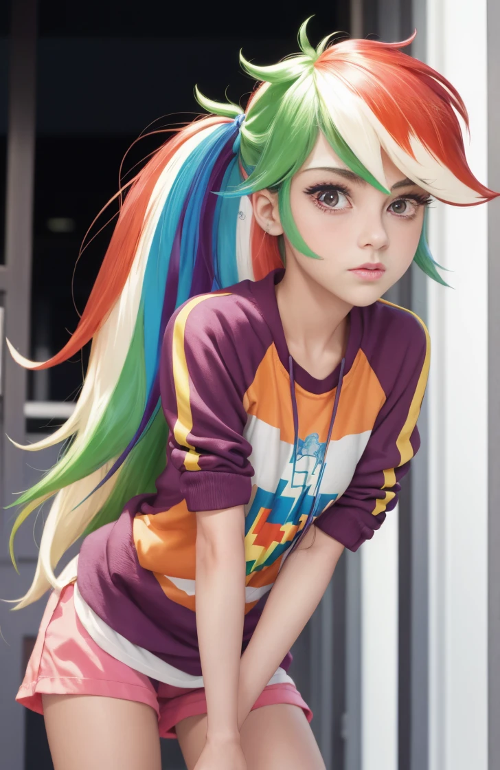 Rainbow dash , mlp  , pink eyes, cabello largo, fondo aleatorio, besar, Beautiful, senos grandes , mirada coqueta, ((muy detallado)), (Cara perfectamente detallada), (Mano bien detallada), Imagen fotorrealista. , hermosa chica adolesente , 21 yr old , lindo maquillaje  , labios rojos , sombra de ojos azul , bolso a la moda , cuerpo completo , cabello de colores , cabello largo de arcoiris , pelo de color arcoiris , usa linda ropa deportiva