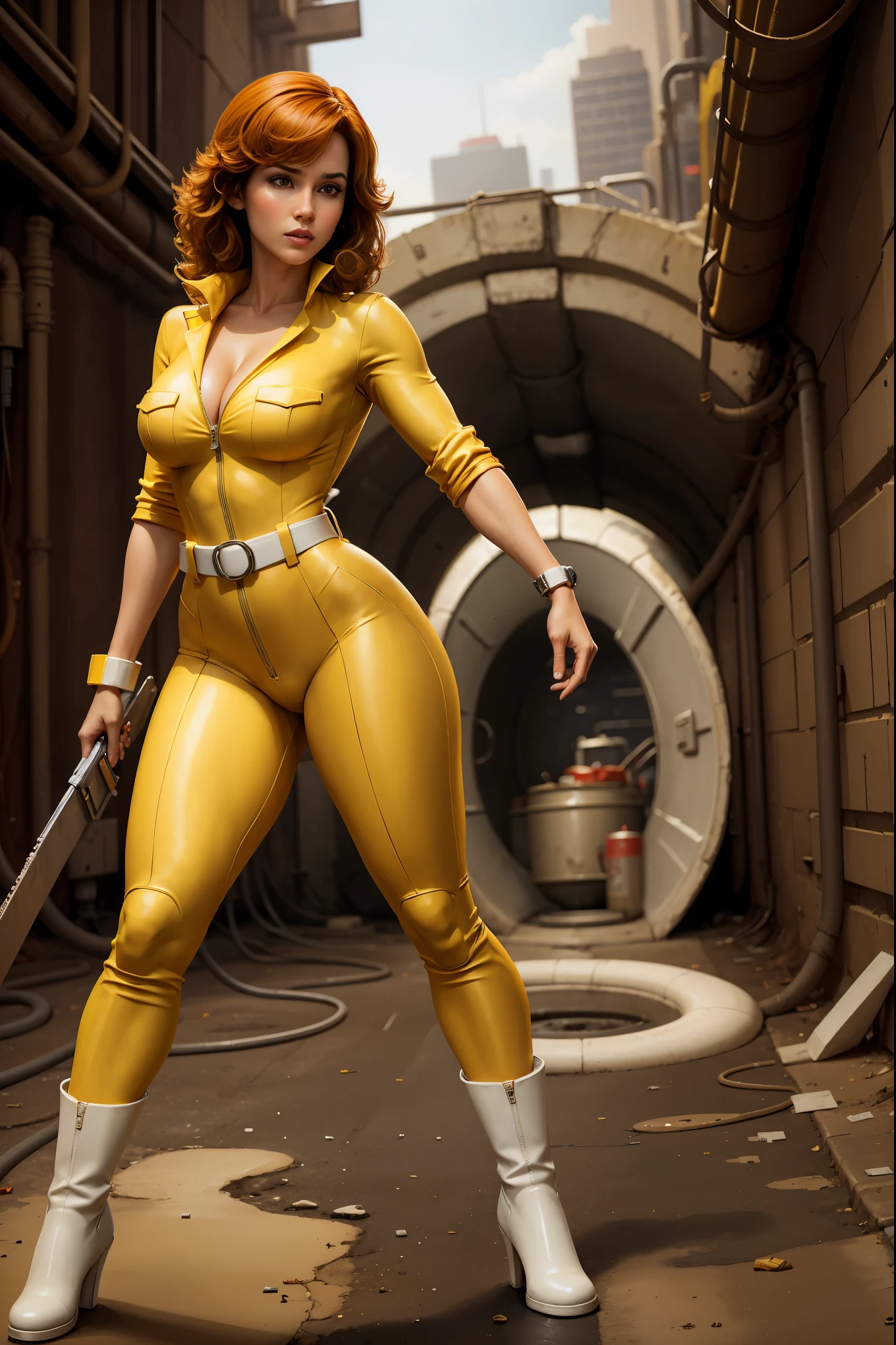 April O'Neil in a sultry pose, wearing a form-fitting yellow jumpsuit with a white belt and white boots. Dirty city background, underground sewer