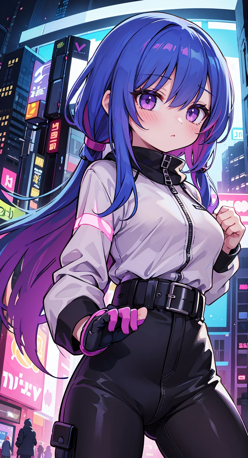 1girl,Creative hair,Rainbow Hair,City streets,fisheye,neon cold lighting, cyberpunk, blush, Waist Shot,Detailed face details,dynamic pose, rim lights,