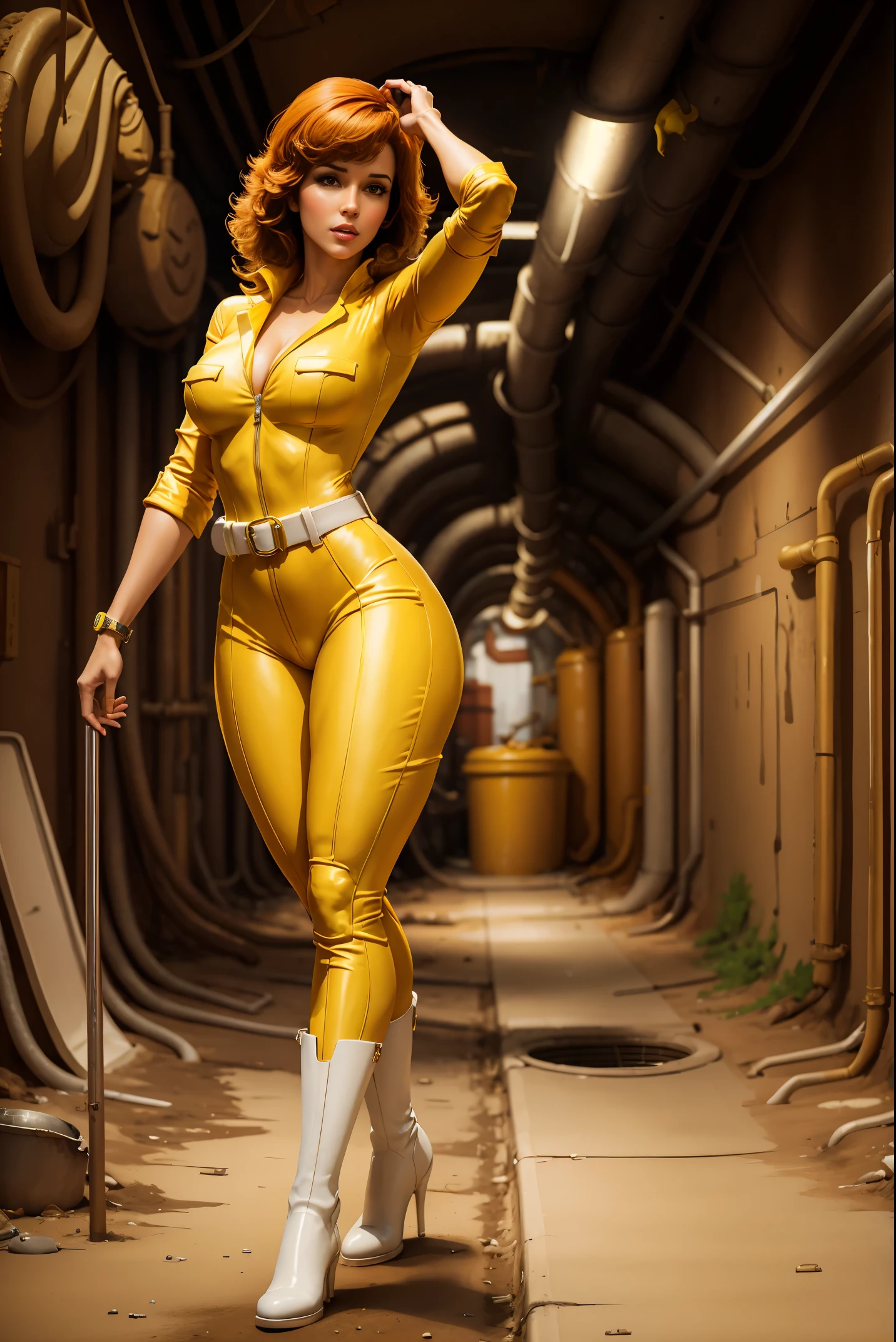 April O'Neil in a sultry pose, wearing a form-fitting yellow jumpsuit with a white belt and white boots. Dirty city background, underground sewer