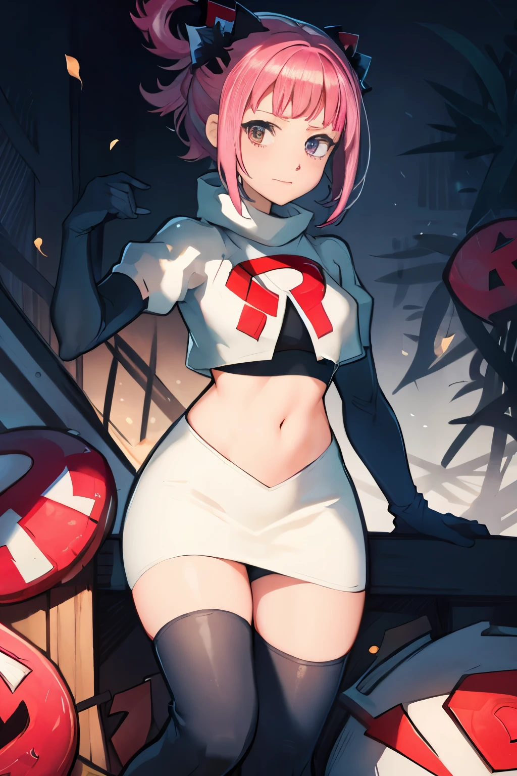 Hortensia, Hortensia \(Fire Emblem\), Hortensia \(Fire Emblem: Engage\), pink hair, team rocket, team rocket uniform, red letter R, white skirt, white crop top, black thigh-high boots, black elbow gloves,