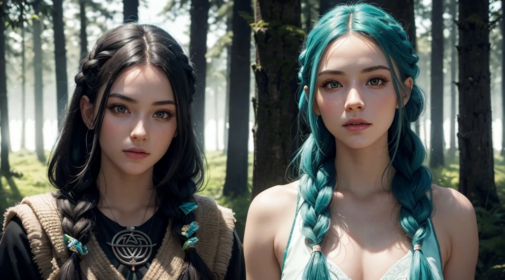 RAW, professional photograph, medium shot, photorealistic, realistic lights, realistic shadows, hyper-realistic, ray tracing, super detail, UHD, 8k, female, twenty years old, athletic body, soft facial features, long braided hair, Celtic hairstyle, straight hair, cyan hair, cyan eyes, Celtic clothing, forest in winter, sharp image