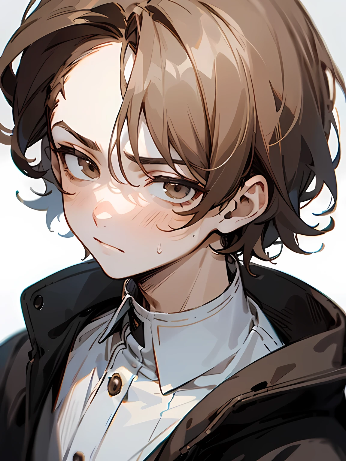 1 gloomy and sad Boy (MALE) - 150 cm - - dark brown eyes - dark brown hair -((best quality))(detailed), perfect face (cute and hot) pale white skin - gloomy and sad