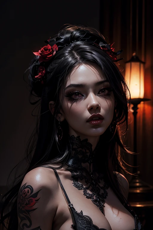 (best quality,4k,highres),sexy oriental gothic girl,,sexy expression,detailed eyes and lips,tattoos,edgy makeup,dark atmosphere,black lace,red and black color scheme,sharp contrast,highlights and shadows,grungy background,vivid colors,striking pose,smoky eyes,sultry look,complete attention to details,mysterious aura,flowing hair,dramatic lighting,artistic composition,perfectly proportioned figure, beauty in darkness, nude