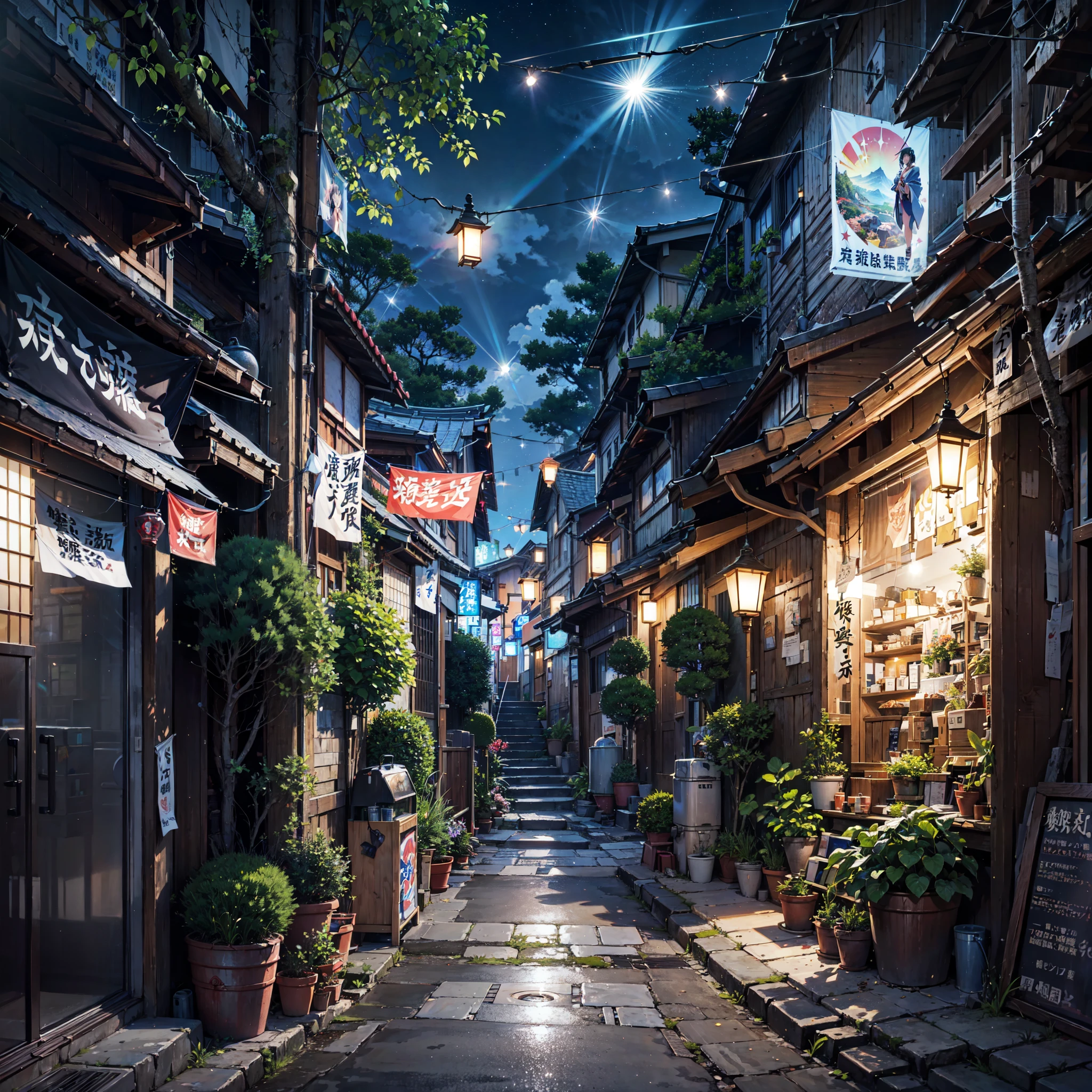 high detail, anime, anime style, sparkle, cinematic lighting, god rays, glowing light, reflection light, close-up, lens flare, masterpiece, high details, best quality, super detail, high quality, anime background, anime wallpaper, sunny weather, bright blue sky, dramatic lighting, narrow japanese  alleyway, japanese shop signs, japanese signs, japanese banners, banners, plant pots, plants, trees, grass, cobble path, trash cans, nigh time, dark, street lights, stars, (realistic,photorealistic:1.37),
