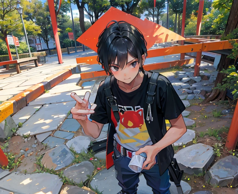 boy leaning on a red metal bar in a park, ****, en un parque, lindo chico emo, peruvian boy looking, boy has short black hair, 14 yo berber boy, next to a tree, Leonid, Furthermore, en Egipto, Tomada con una DSLR Canon, alejandro, Tomada con una Pentax K1000