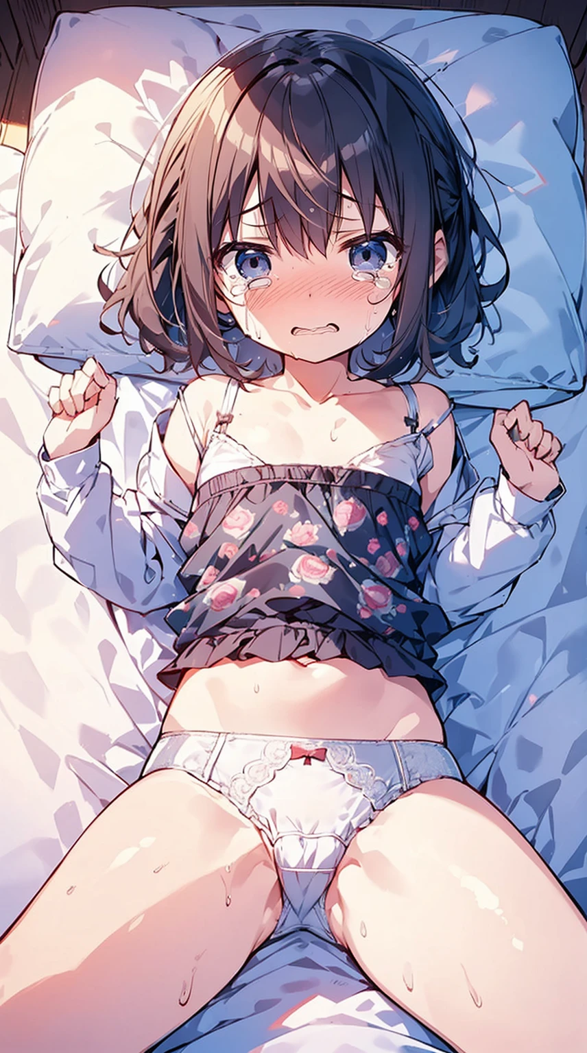 masutepiece, Best Quality,Illustration, Wallpaper, Ultra Detail, Little Face Lori、((fear:1.5))、(Teary-eyed:1.5)、(((Cute underwear)))、She makes me lie down and spread my legs.