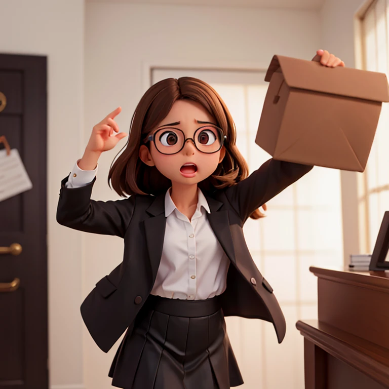 1girl, medium-length brown hair, brown eyes, glasses, open forehead, office outfit, black jacket, white shirt, black skirt, open mouth, no smile, letters fly into mouth, fright