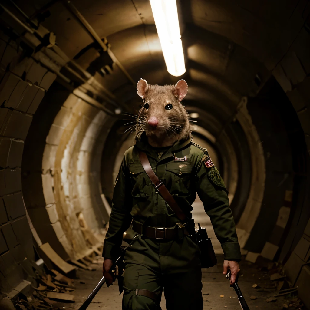 muscular rat soldier in a military uniform, having a rat head looking forward, dark tunnel background with a soft light holding a weapon (high details)