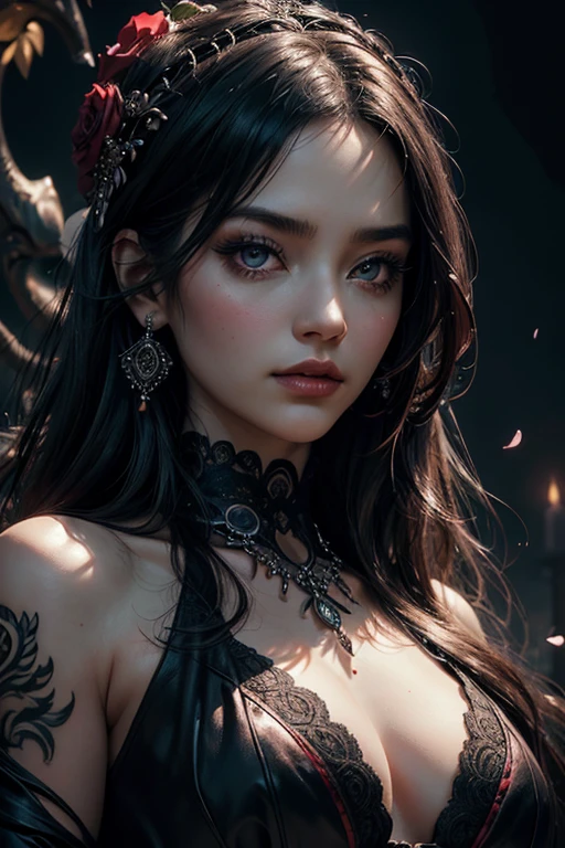 (best quality,4k,8k,highres,masterpiece:1.2),ultra-detailed,(realistic,photorealistic,photo-realistic:1.37),beautiful detailed eyes,beautiful detailed lips,extremely detailed eyes and face,longeyelashes,curvy figure,fair skin,tattoos,unique jewelry,chinese-inspired gothic fashion,flowing black hair,lush garden,moonlit night,subtle candlelight,ethereal atmosphere,soft shadows,ornate architecture,dramatic makeup,expressive eyes,confidence,intense gaze,mysterious aura,graceful posture,contrasting light and dark elements,dramatic red and black color scheme,foggy background,small decorative lanterns,delicate cherry blossom petals,an air of romance and mystery,cobweb details,ornate choker,elaborate headdress,striking pose,high contrast,sharp focus,rich textures,evocative storytelling,gothic fantasy art style,targeted studio lighting,bokeh effects.