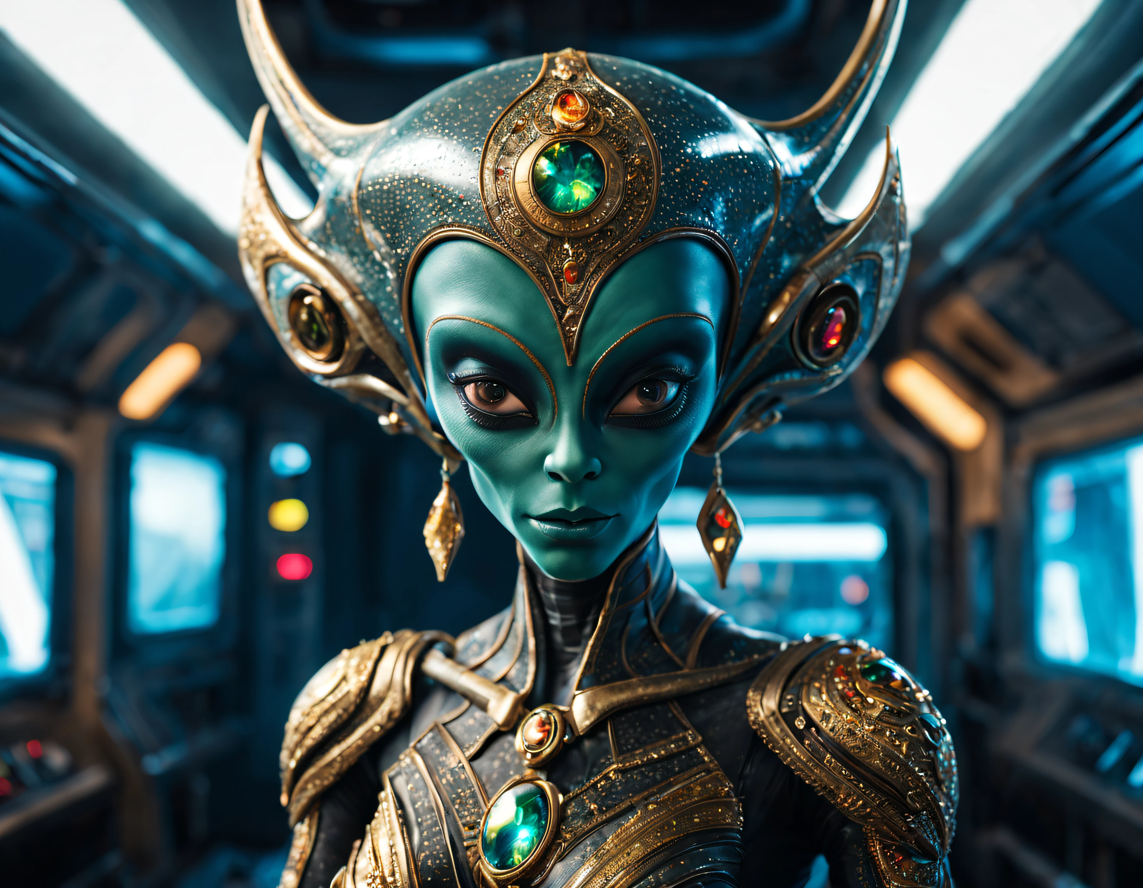 (cuerpo completo), extraterrestrial alien female similar to naytiri, vestida de traje de noche corto, engarzado con oro refulgente, priedras preciosas de colores y diamantes, (se encuentra en centro de control de estacion espacial),detalles intrincados de la maquina de alta calidad), estilo cinematografico, nitidez absoluta, imagen 8k.(obra maestra).fondos de pantalla, ultra detallado.