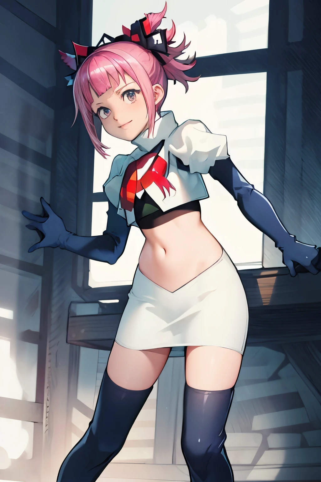 Hortensia, Hortensia \(Fire Emblem\), Hortensia \(Fire Emblem: Engage\), pink hair, team rocket, team rocket uniform, red letter R, white skirt, white crop top, black thigh-high boots, black elbow gloves,