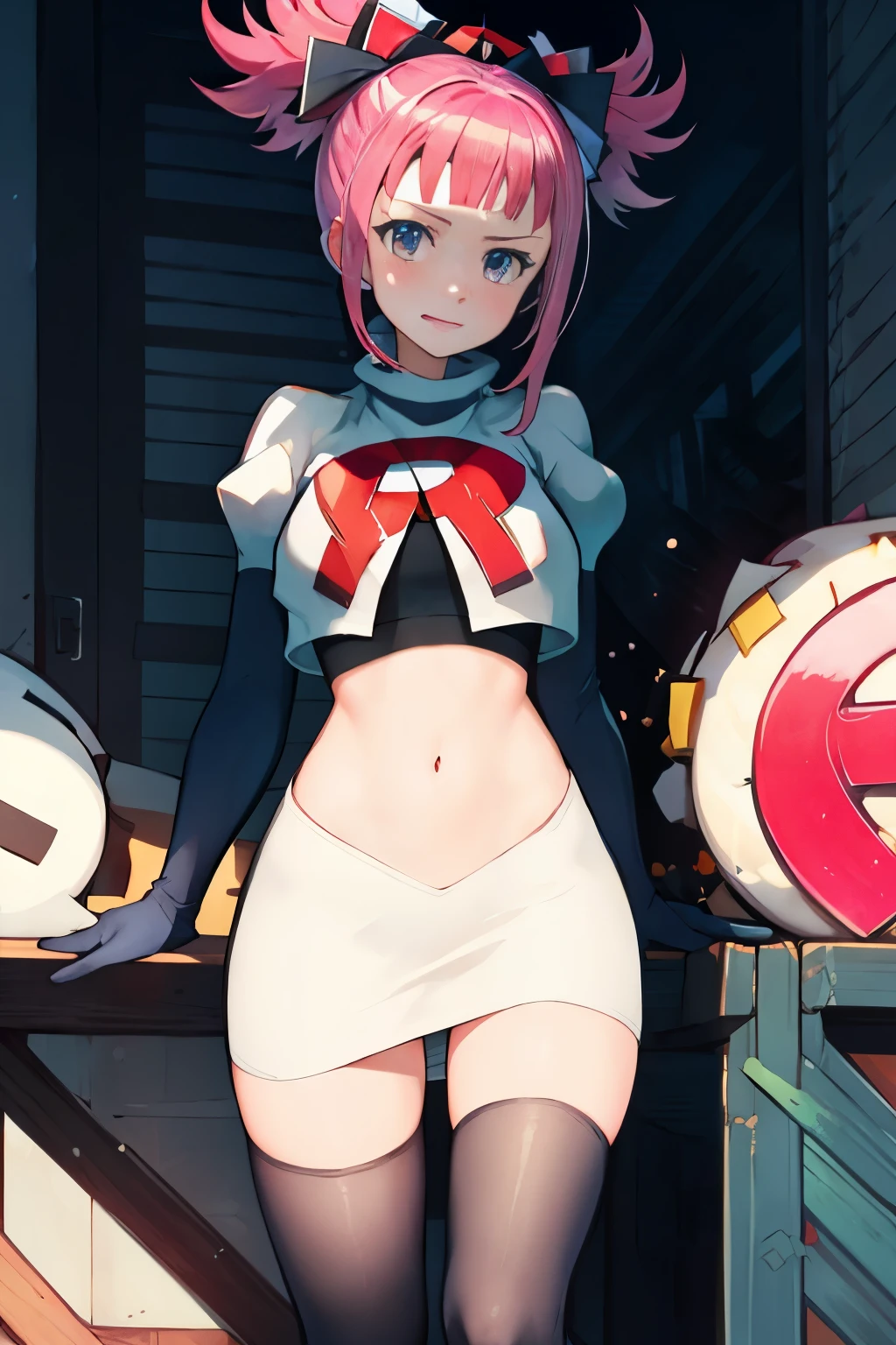 Hortensia, Hortensia \(Fire Emblem\), Hortensia \(Fire Emblem: Engage\), pink hair, team rocket, team rocket uniform, red letter R, white skirt, white crop top, black thigh-high boots, black elbow gloves,