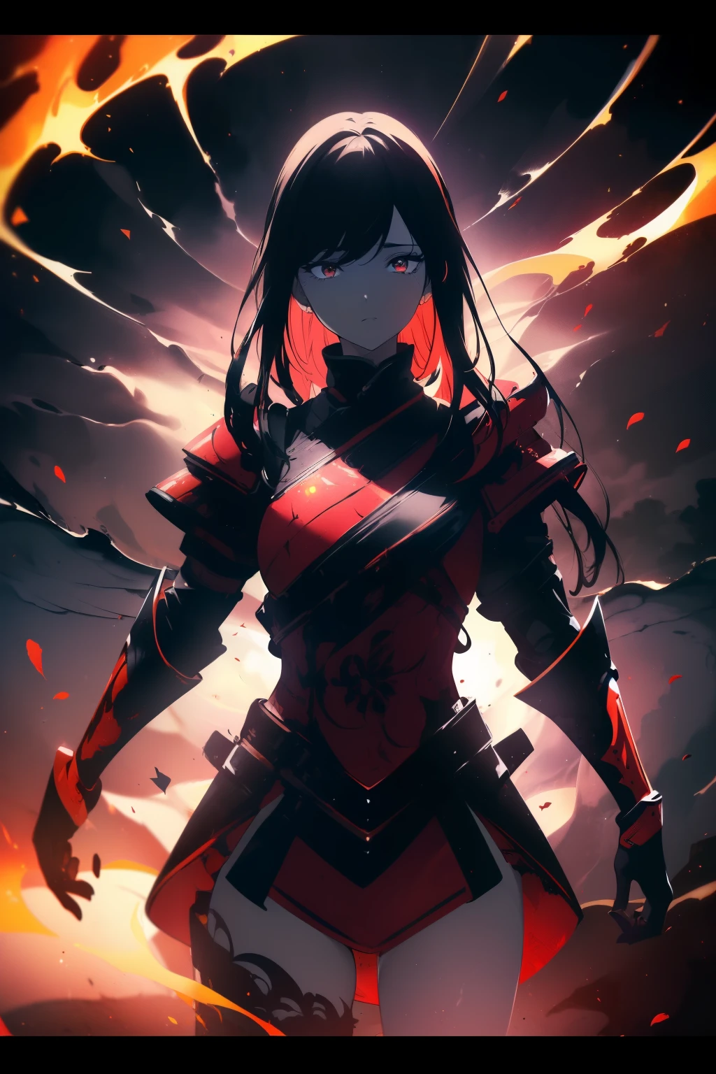 ((((Obra maestra, La mejor calidad, ultrahigh resolution)))), 1girl, happy, ((((standing, wearing red samurai armor, plate armour)))), (black hair, dark black hair over eye:1), long hair cut, pale skin, ((brown eyes)), (glowing_eyes), (((ultra detailed eyes:0.7, beautiful and detailed face, detailed eyes:0.9))), ((centered)), ((over joyed expression)), ((wide shot)), facing viewer, (((outdoors, purple and black lights, black dancing silhouettes:0.9))), medium breasts, looking at viewer, ((half closed eyes)), ((perfect hands)), (((head:1, arms, hips in view, elbows, thighs, in view))), ((hands at sides)), lively eyes, beautiful lighting, outside, outdoors, background, defined subject, 25 years old, (head tilt), (((cool))), ((lively)), (((waves_of_fire, flames))), (((high contrast)))