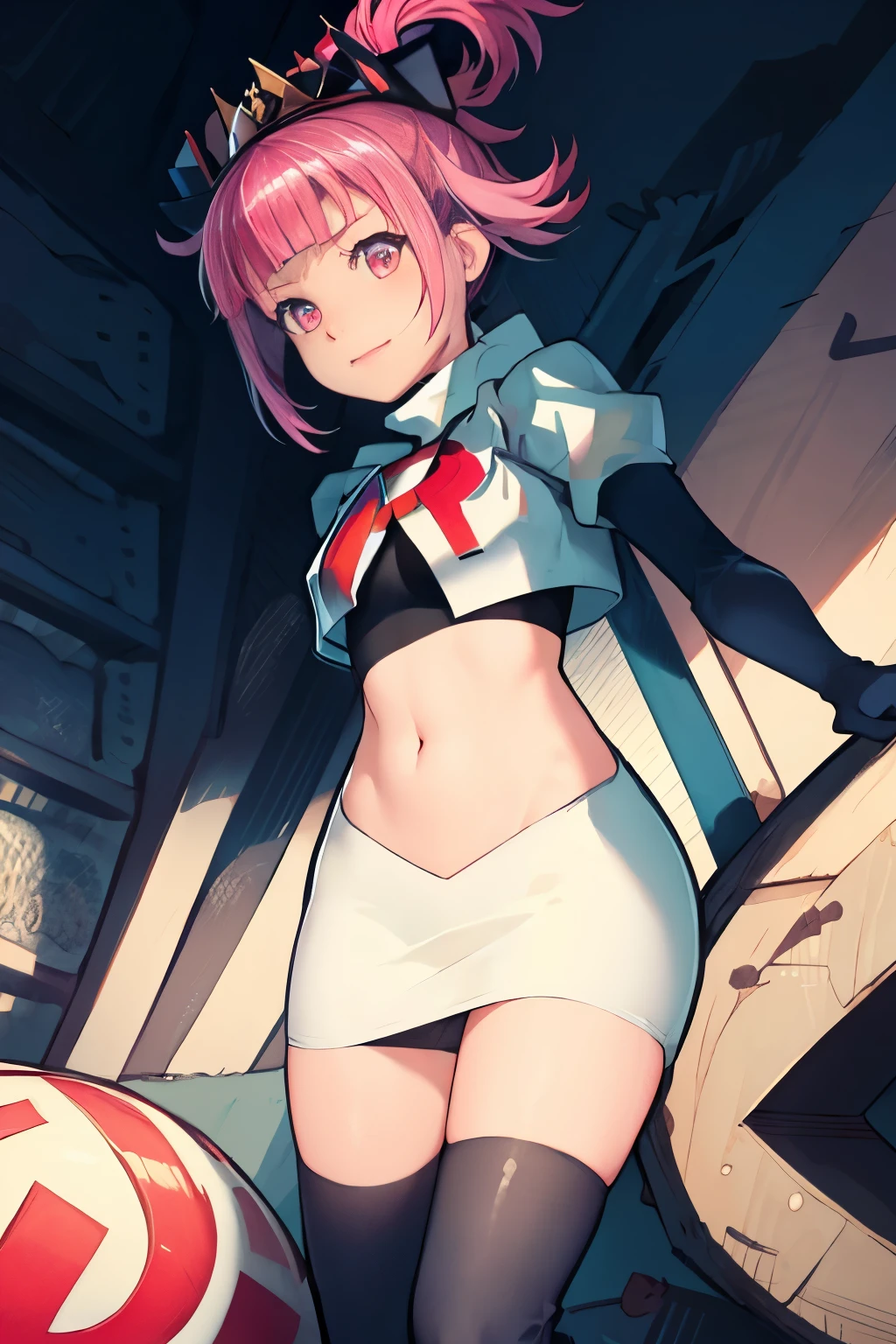 Hortensia, Hortensia \(Fire Emblem\), Hortensia \(Fire Emblem: Engage\), pink hair, team rocket, team rocket uniform, red letter R, white skirt, white crop top, black thigh-high boots, black elbow gloves,