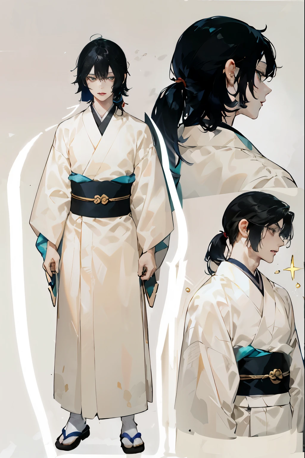 【【character chart, tachi-e】】((Best quality at best)), ((tmasterpiece)), , It's a perfect face（（male people）），Black-haired young man，长Low ponytail，Hair fluttering，delicated face，Eyes of good quality，Low ponytail，フォトリアリスティック， beautidful eyes, Dappled light and shadow, ，，Cute action，white backgrounid， reference sheet, escala cinza，Standing picture，Three View，日本Libido boy，White kimono，Pale color，Libido boy，1 whole body