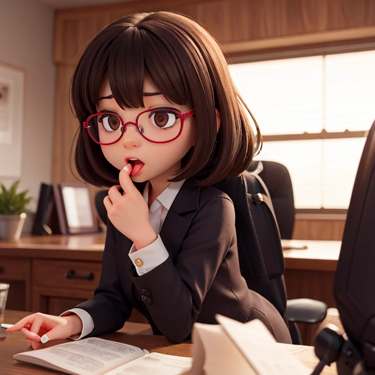 1girl, medium-length brown hair, brown eyes, glasses, open forehead, office outfit, black jacket, white shirt, black skirt, open mouth, no smile, ((letters fly into mouth)), fright