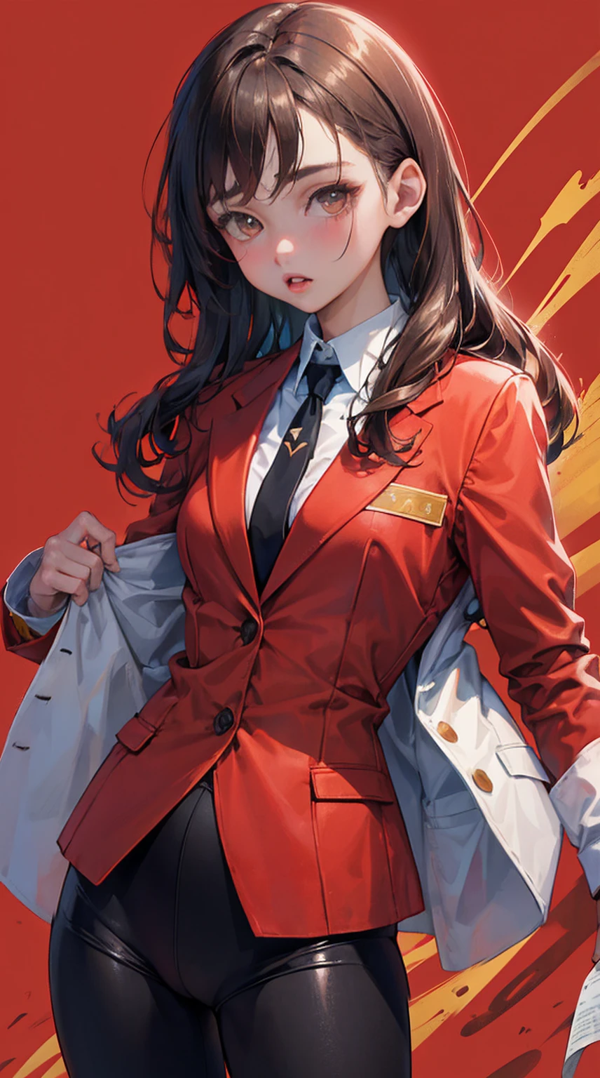 1girl, sozinho,brown hair underwater, olhos castanhos, separated-lips, mangas compridas, suit jacket,  Background Story, parte superior do corpo, red Background Story, Olhando para o Viewer, dente, red suit jacket, corpo lipull, sorrir，motocicleta