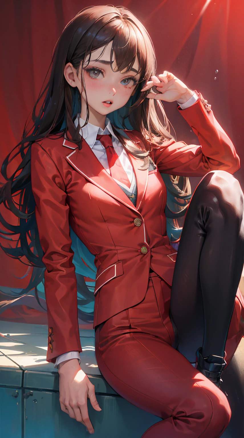 1girl, sozinho,brown hair underwater, olhos castanhos, separated-lips, mangas compridas, suit jacket,  Background Story, parte superior do corpo, red Background Story, Olhando para o Viewer, dente, red suit jacket, corpo lipull, sorrir，motocicleta