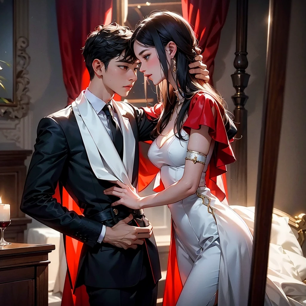 （tmasterpiece：1.2，HighestQuali，A high resolution），full bodyesbian，Slim boy：0.5. Having sex with your mistress，femele：0.7（Girl at the top，Mistress dominates boy，Mistress hangs on boy and hands boy&#39;s neck to：1.6）。 （cinmatic lighting）