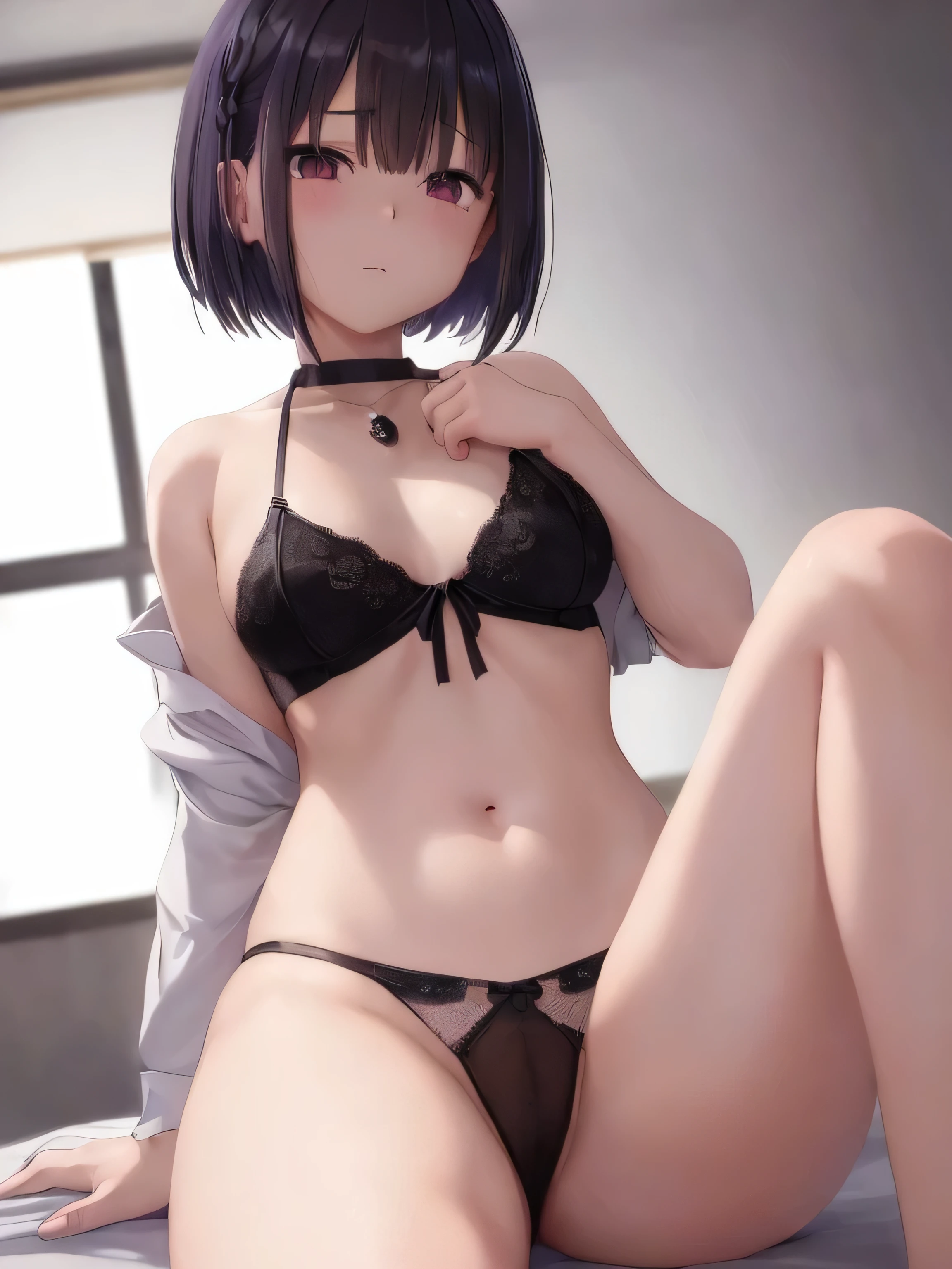 Anime girl wearing a purple bra top sitting on the bed, an anime drawing by Jin Homura, pixiv, shin hanga, Seductive Anime Girl, charming anime girls, Smooth Anime CG Art, Anime Best Girl, Cute anime girl, anime moe art style, cute little女の子のアニメビジュアル, oppai, beautiful alluring anime teen, cute littleアニメの女の子, (Raw photography:1.2)、(Photorealsitic:1.4)、(​masterpiece:1.3)、(top-quality:1.4)、超A high resolution、(A detailed eye)、(detailed facial features)、(detailed clothes features)、nffsw、8K分辨率、solofocus、bangss、skin tightening、(shinny skin)、(Slender girl)
(Extreme Detail)、dim room、Ruins、
Virtual Girl - Aim、Medium-breasted wavy hair、Shorthair、A dark-haired、Black eye、
1girl in, 
Crystal Pendant、String Panty Brapua、
Tie with a rope、embarrassed from、cute little、I'm about to cry、hang、Adult Models、raise one leg high、hang、Smaller chest、big butts、