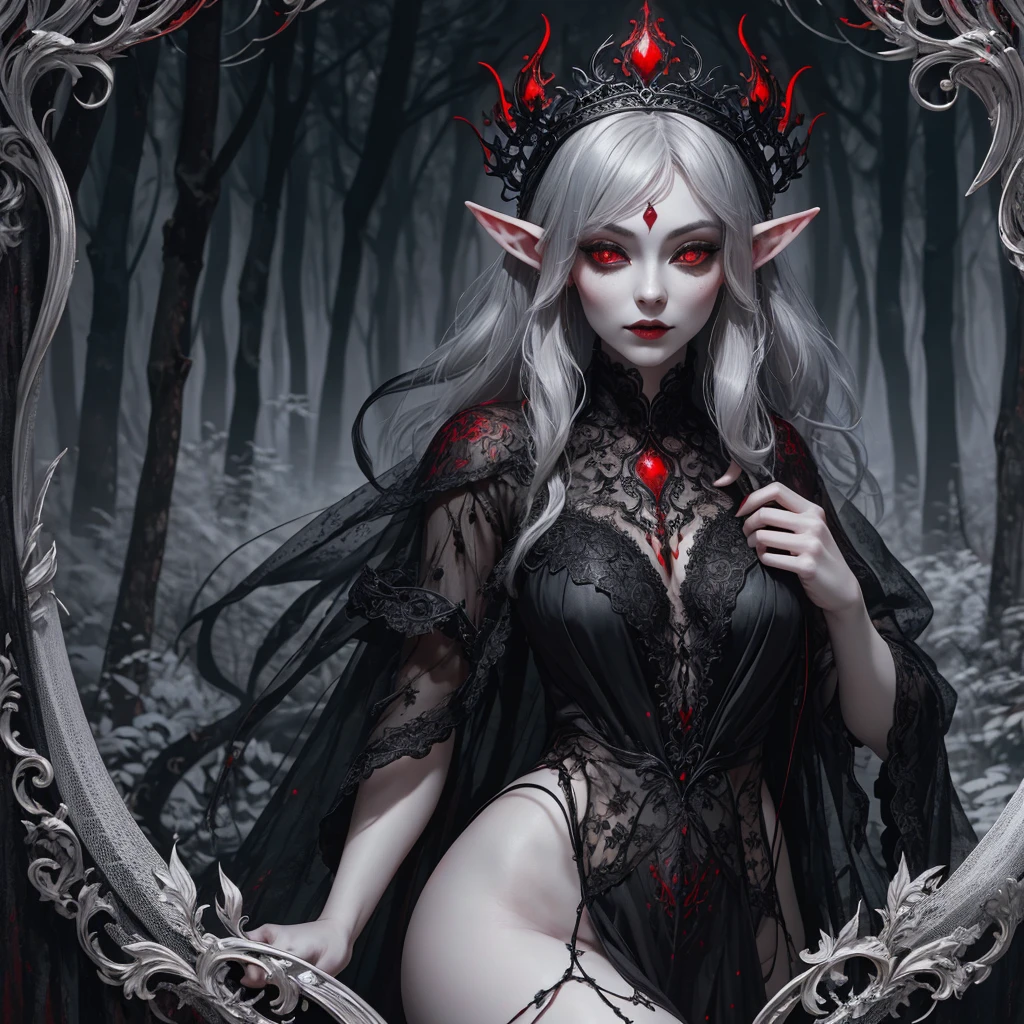 black lace, a whimiscal woman with gray skin and red eyes, full body shot, deep depth, hyperintricate fantasy portrait, hyperrealistic, DSLR HDR, 64 megapixels, elven drow, gorgeous king fairytale forest maximalist