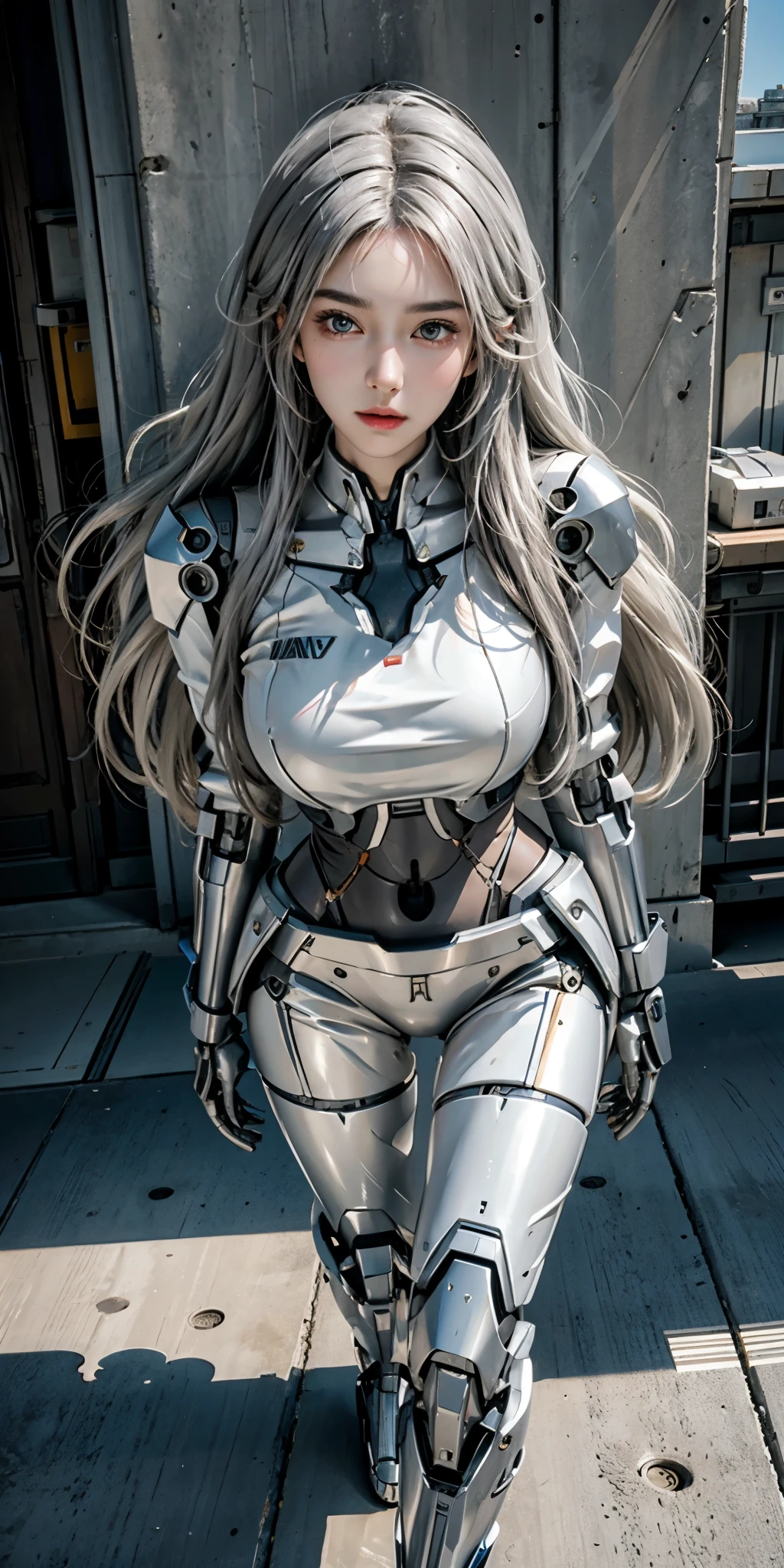 Photorealistic, High resolution, Soft light,1womanl, Solo, hips up high, (Detailed face), Long hair, mecha musume, Mechanical parts, Robot joints, full robot body