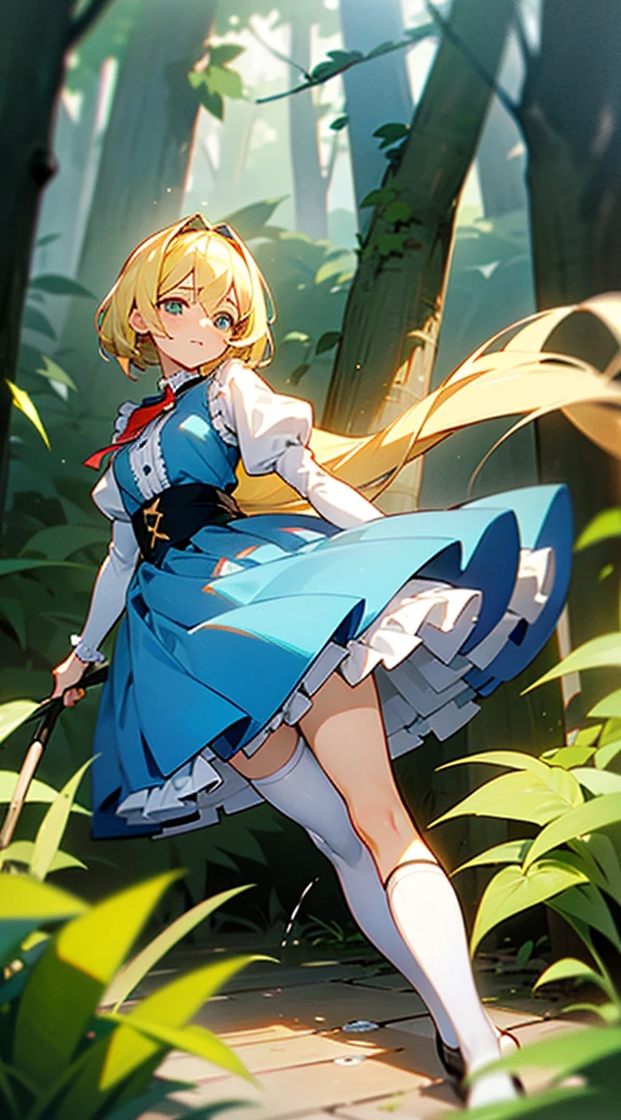 anime styled, The ultra -The high-definition, alice in the wonderland, Super cute girl, ((a blond:1.4)), ((Long:1.4)), shame, Shyness is a shy smile, Light blue fluttering short dress, frilldの付いた白いエプロンスカートを重ねる, frilld, A large white ribbon is tied in the back around the waist of the dress. , B-cup breasts, Light blue fluttering mini skirt, ハイソックスは爪先から太ももの半ばあたりまである長い白色のknee high, ((knee high:1.4)), and draw the full body, In the forest where bright sunlight shines through, Clothes disheveled and chest exposed, teatsが見えている, ((teats:1.4)), Her skirt is in disarray and her crotch is visible., 股のFemale genitalsが見えている, ((Female genitals:1.4)), Pee, お漏らししてPeeが股から勢いよく出ている, Lying on the ground, lying on one's side, Urine excreted on the ground around the waist wets the ground., ((pissing:1.5)), I&#39;m holding out my hand as if to invite you here, Looking here,  Please draw from a low angle.