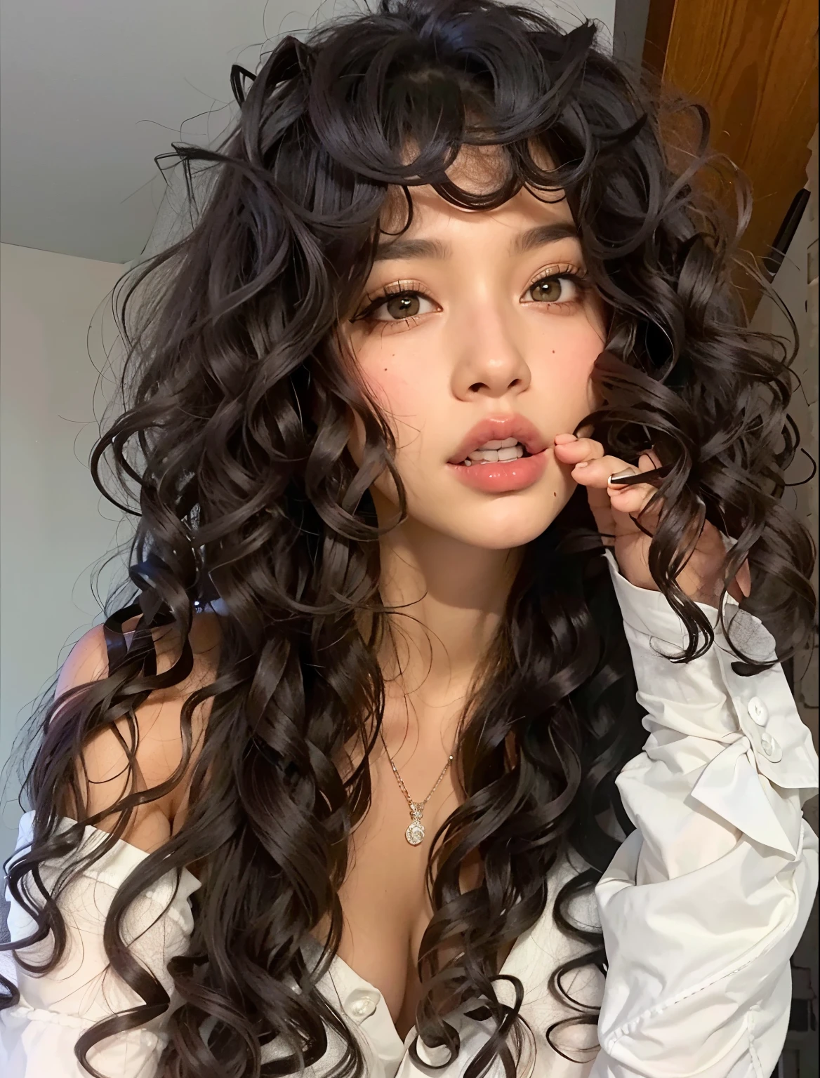 a close up of a woman with cabelos longos e cacheados and a white shirt, franja encaracolado, long wild cabelo encaracolado preto, long messy curly hair, com cacheado longo, with cabelos longos e cacheados, longos cabelos castanhos inchados cacheados, long cabelo encaracolado preto, black cabelos longos e cacheados, longos cabelos cacheados escuros, cabelos longos e cacheados, cabelos cacheados, cabelo encaracolado preto, curly middle part haircut