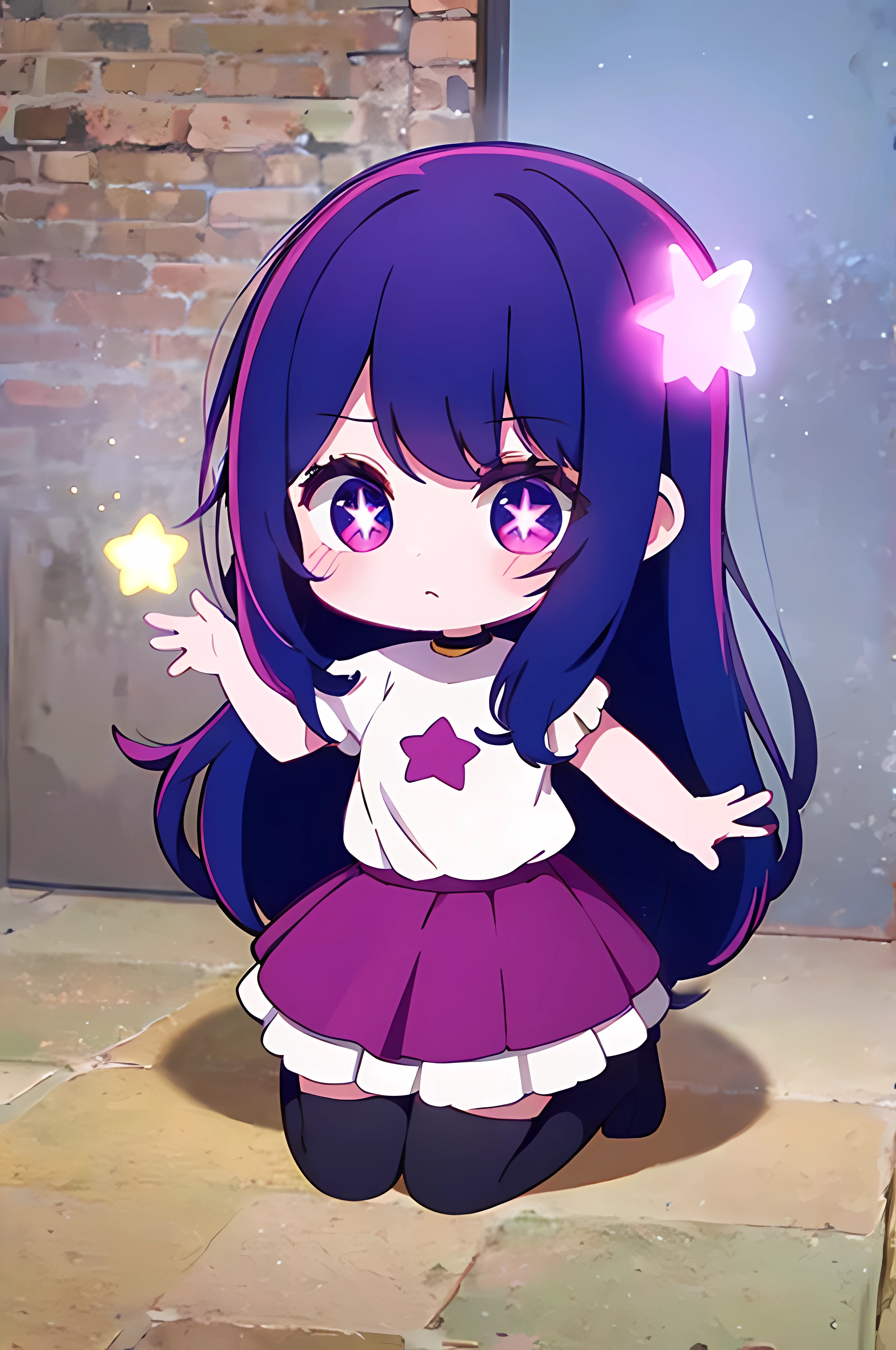 one-girl（（There is a five-pointed star in the eye））A girl with long purple hair，（（（Blushlush））），short skirt，Kneeling，white stockings, Cute Sticker, Chibi Sticker,