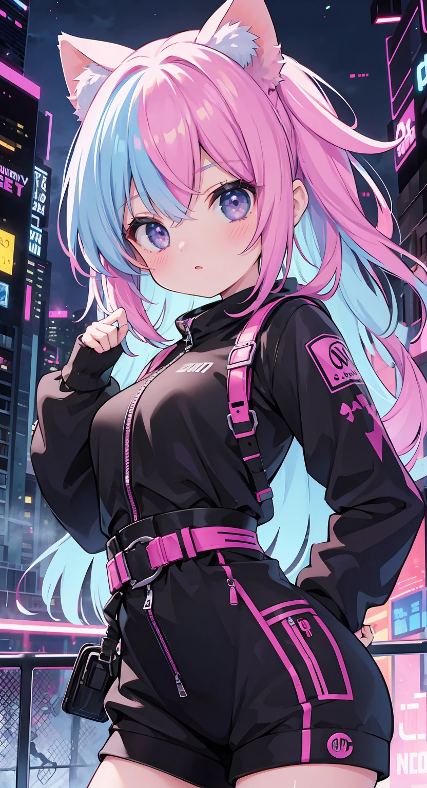 1girl,Creative hair,Rainbow Hair,City streets,fisheye,neon cold lighting, cyberpunk, blush, Waist Shot,Detailed face details,dynamic pose, rim lights,