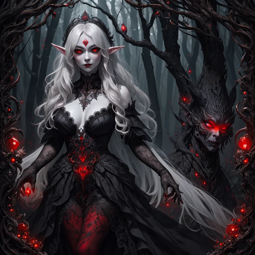 black lace, a whimiscal woman with gray skin and red eyes, full body shot, deep depth, hyperintricate fantasy portrait, hyperrealistic, DSLR HDR, 64 megapixels, elven drow, gorgeous king fairytale forest maximalist