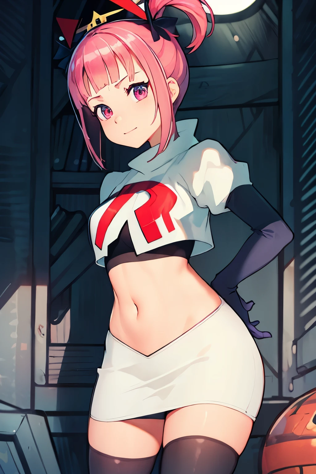 Hortensia, Hortensia \(Fire Emblem\), Hortensia \(Fire Emblem: Engage\), pink hair, team rocket, team rocket uniform, red letter R, white skirt, white crop top, black thigh-high boots, black elbow gloves,