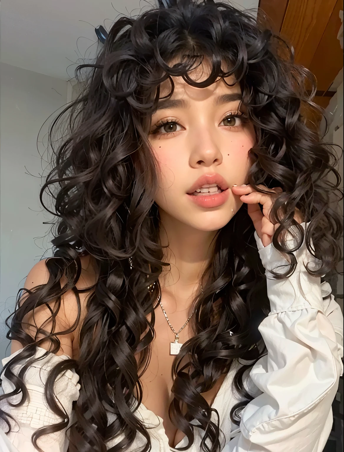 a close up of a woman with cabelos longos e cacheados and a white shirt, franja encaracolado, long wild cabelo encaracolado preto, long messy curly hair, com cacheado longo, with cabelos longos e cacheados, longos cabelos castanhos inchados cacheados, long cabelo encaracolado preto, black cabelos longos e cacheados, longos cabelos cacheados escuros, cabelos longos e cacheados, cabelos cacheados, cabelo encaracolado preto, curly middle part haircut