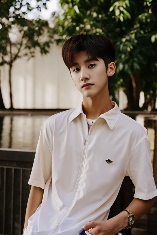 (photorealistic, masterpiece, 8K HD, good lighting quality, portrait, closing up on face, intricate details), a handsome young vietnamese man, youthful chiseled face, manly, muscular, lean build, (cocky, confident, smug, smirking, intimidating|friendly, detailed face, detailed eyes, sharp eyes, sharp gaze), looking at viewer, over shirt short sleeve jacket with collar, casual wear, dark brown eyes, auburn hair, spiky hair, smooth hair, hair bangs, (tanned skin, realistic skin), outdoors, morning, sunlight, dreamy world, surrealism, ethereal, Close-up of a man in a black shirt and black sweater, Kim Do-young, Shin Jinying, Inspired by Zhang Han, Cai Xukun, Inspired by Bian Shoumin, portrait of jossi of blackpink, jinyoung shin aesthetic, Male ulzzang, Soft portrait shot 8 K, bladee from drain gang, boy, thin face