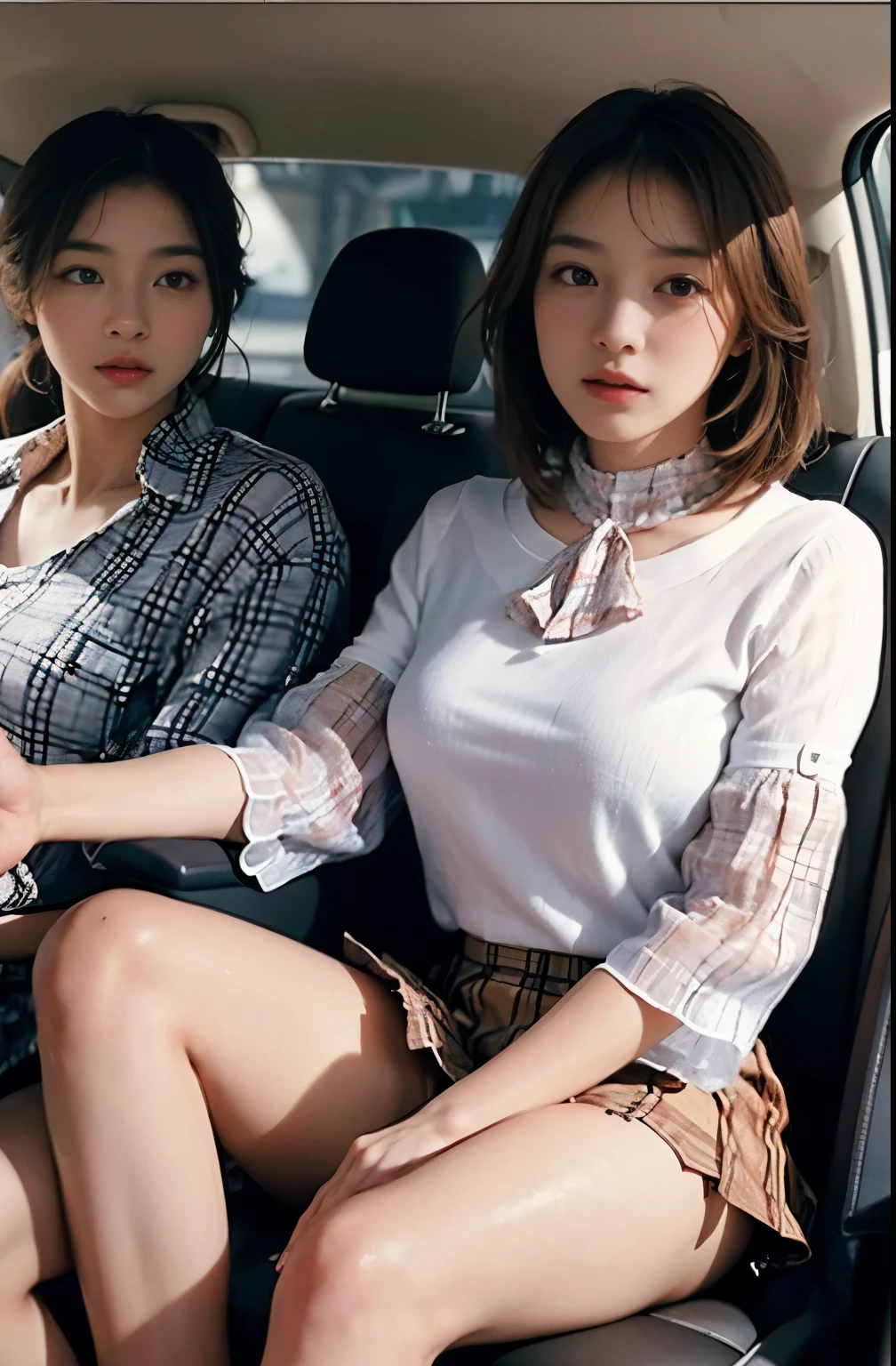 top-quality、hight resolution、ultra-detailliert、​masterpiece、Raw photography、realisitic、Photorealsitic、extremely delicate and beautiful、finely detail、Textured skin、(in car)、2 people,man and woman、japanese、18year old both、(((woman  wearing tight rib knit white blouse,half sleeve tops, Brown plaid skirt ,man is businessman wearing suits)))、woman upskirt and Showing pink panties,detailed panties,detailed frilled panties showing,(((the man sitting on car driver's seat and woman on the next sheet)))、tall、Brown hair、wavy hair,short hair,Wearing makeup、(Bare legs:1.5)、perfectly proportions,handjob