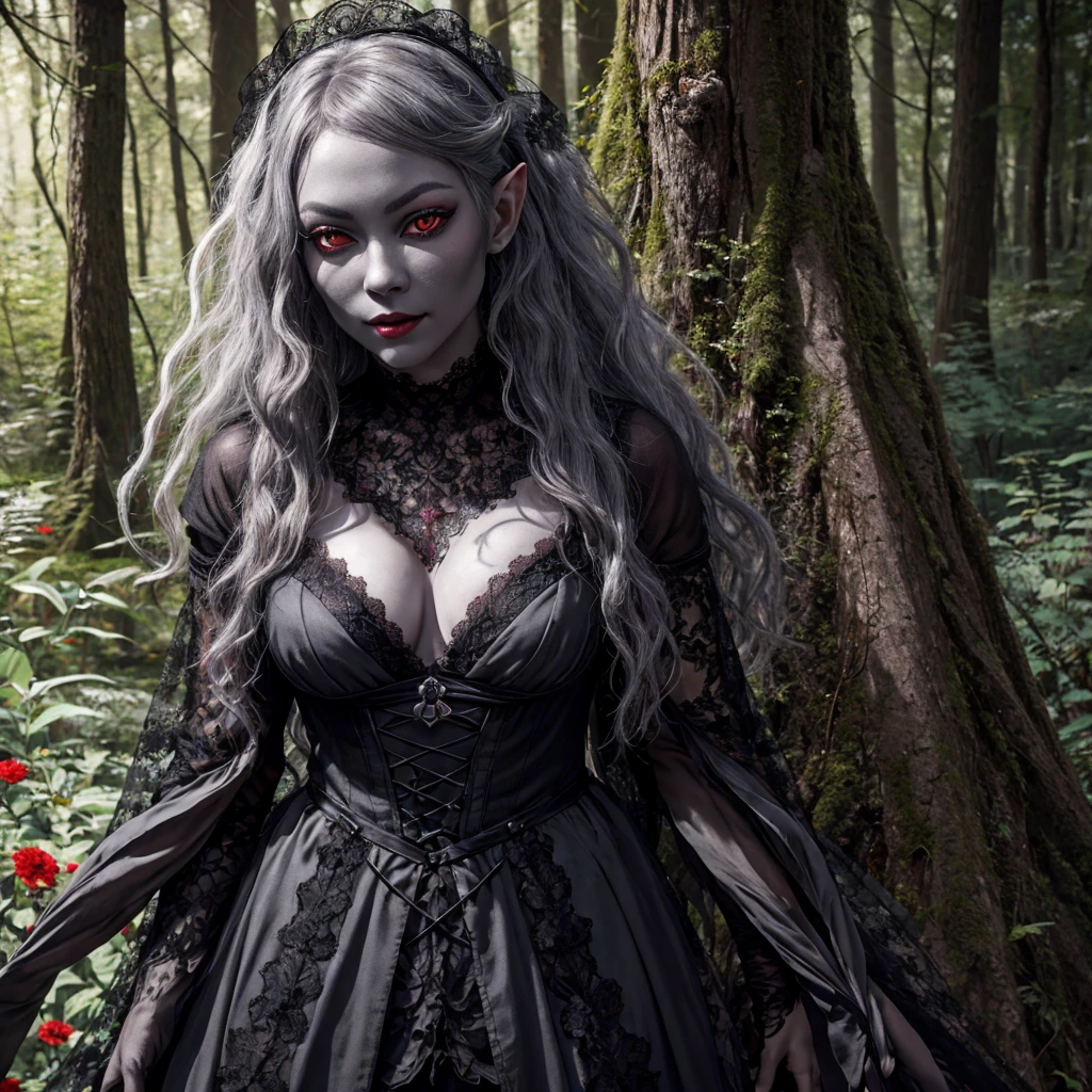 black lace, a whimiscal woman with gray skin and red eyes, full body shot, deep depth, hyperintricate fantasy portrait, hyperrealistic, DSLR HDR, 64 megapixels, elven drow, gorgeous king fairytale forest maximalist