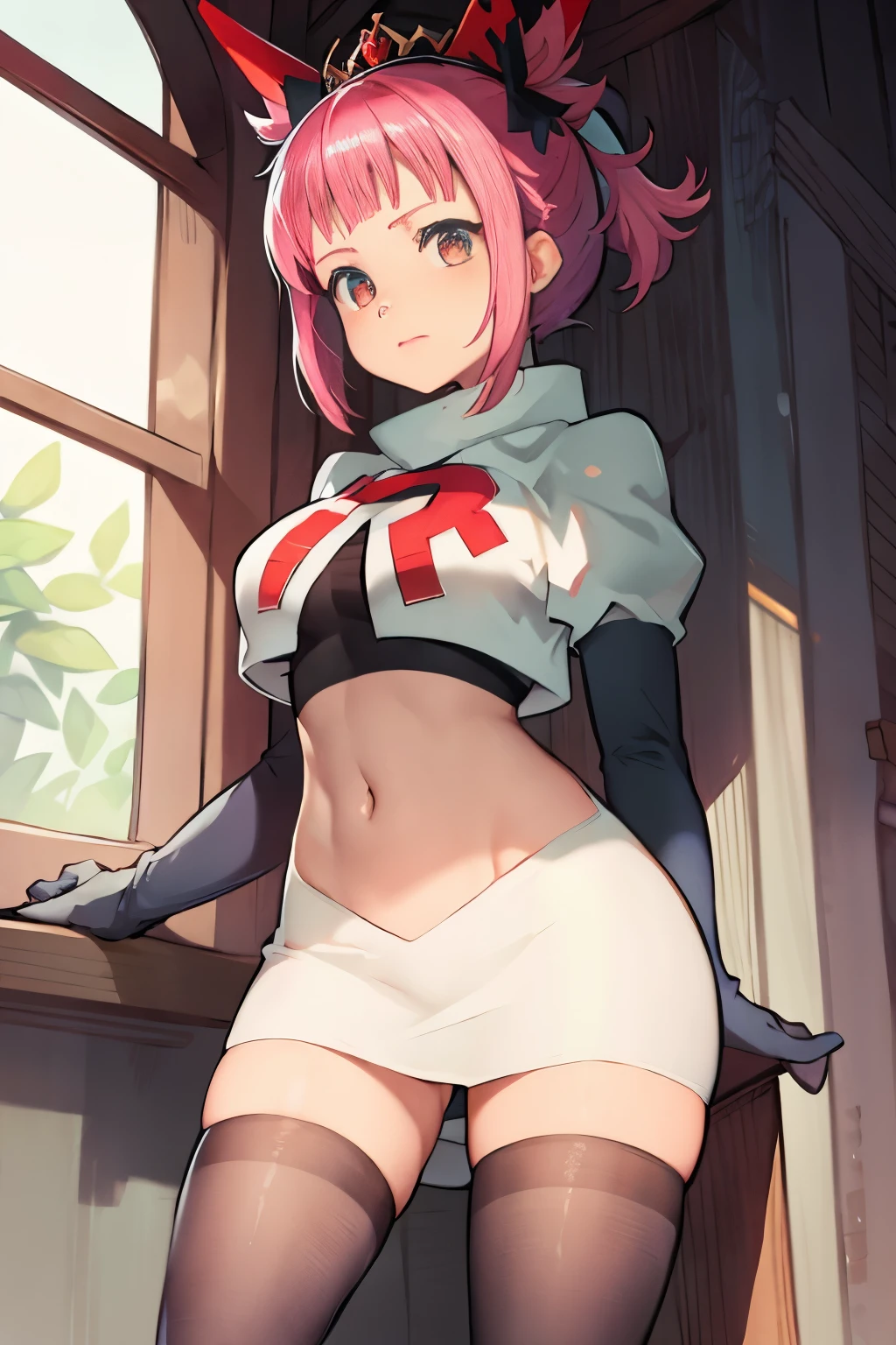 Hortensia, Hortensia \(Fire Emblem\), Hortensia \(Fire Emblem: Engage\), pink hair, team rocket, team rocket uniform, red letter R, white skirt, white crop top, black thigh-high boots, black elbow gloves,