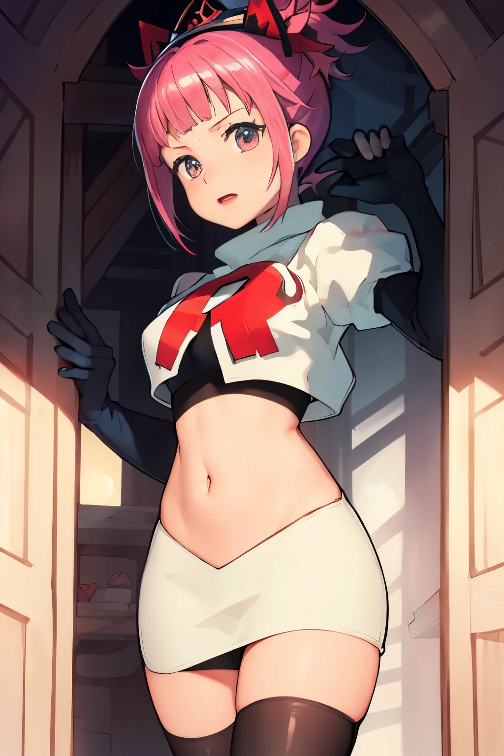 Hortensia, Hortensia \(Fire Emblem\), Hortensia \(Fire Emblem: Engage\), pink hair, team rocket, team rocket uniform, red letter R, white skirt, white crop top, black thigh-high boots, black elbow gloves,