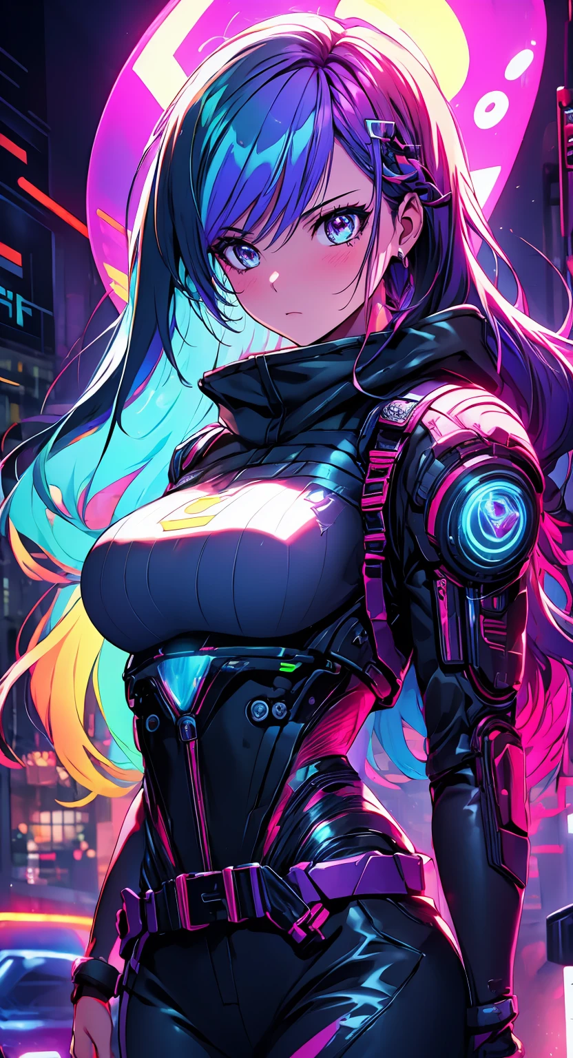 1girl,Creative hair,Rainbow Hair,City streets,fisheye,neon cold lighting, cyberpunk, blush, Waist Shot,Detailed face details,dynamic pose, rim lights,