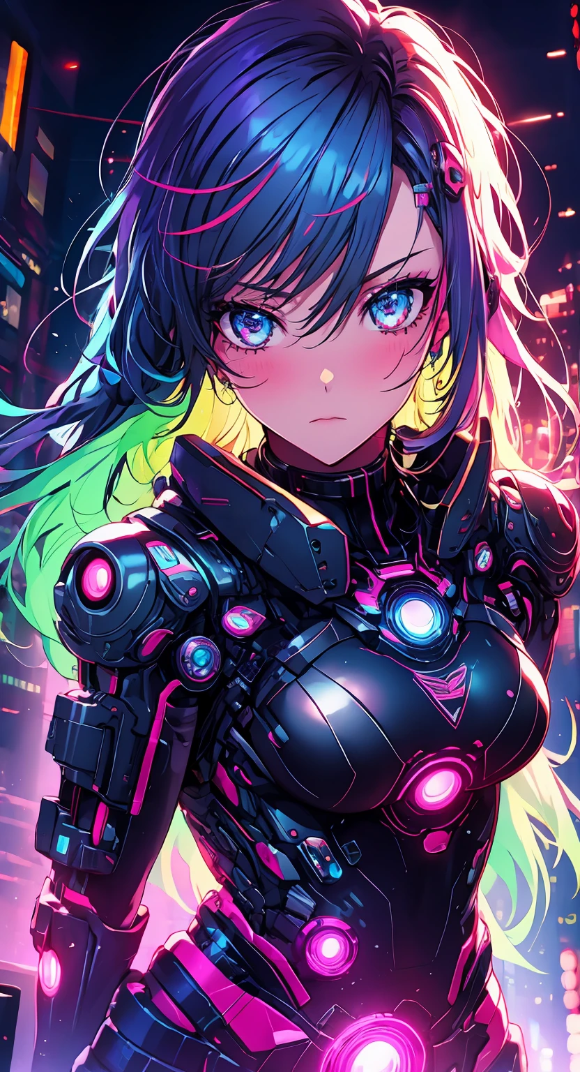 1girl,Creative hair,Rainbow Hair,City streets,fisheye,neon cold lighting, cyberpunk, blush, Waist Shot,Detailed face details,dynamic pose, rim lights,