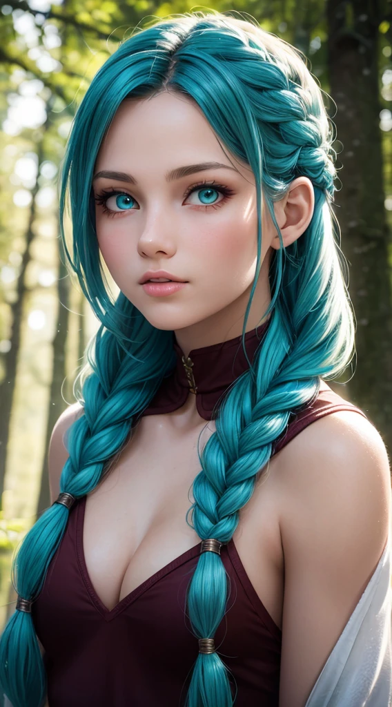 RAW, professional photograph, medium shot, photorealistic, realistic lights, realistic shadows, hyper-realistic, ray tracing, super detail, UHD, 8k, female, twenty years old, athletic body, soft facial features, long braided hair, Celtic hairstyle, straight hair, cyan hair, cyan eyes, Celtic clothing, forest in winter, sharp image