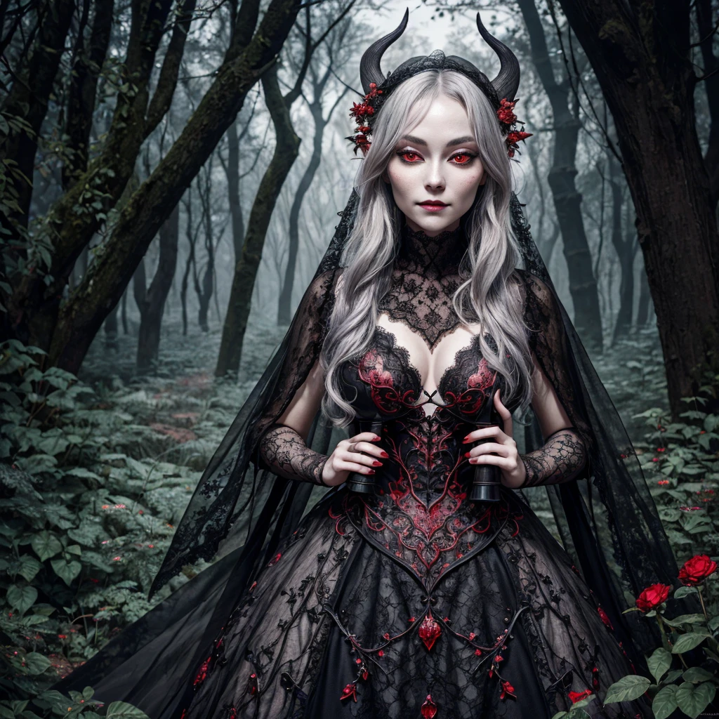 black lace, a whimiscal woman with gray skin and red eyes, full body shot, deep depth, hyperintricate fantasy portrait, hyperrealistic, DSLR HDR, 64 megapixels, elven drow, gorgeous king fairytale forest maximalist