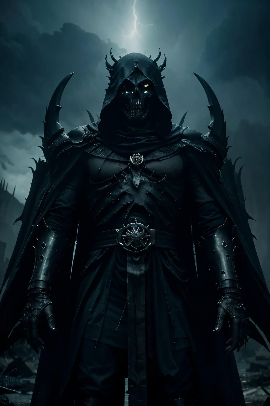 Imagem do Lich de 'Hora de Aventura': Visualize an epic, dark scene with the Lich at its center. He stands tall in all his skeletal form, with the black crown and the green gem shining sinisterly on his skull. The surrounding scenery is full of dark elements, like green mist, wreckage and a heavy sky. Describe the Lich's terrifying expression and the sense of imminent danger that hangs over the scene. Capture the malevolent and formidable essence of this iconic antagonist