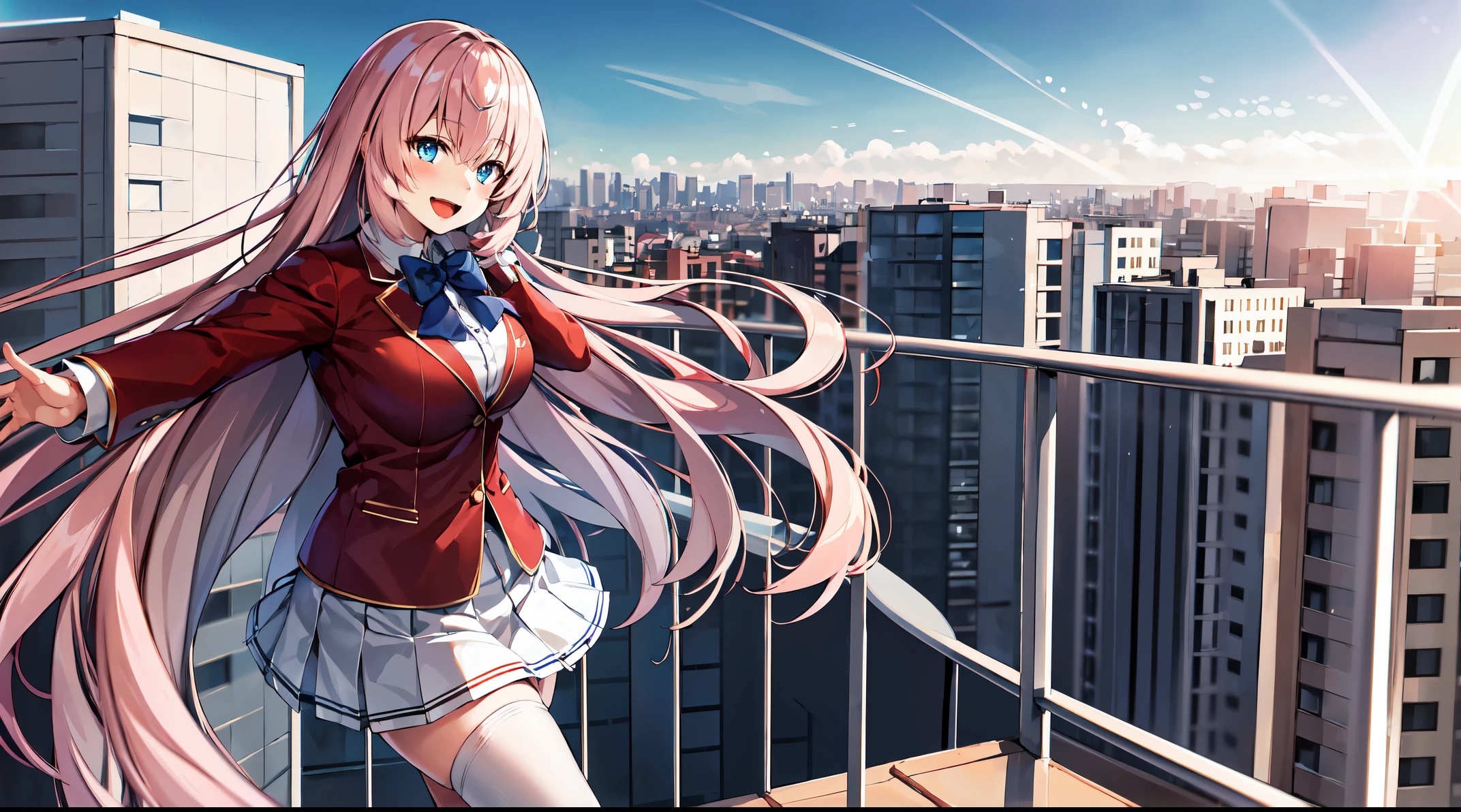 masterpiece, best quality, high resolution, Ichinose honami, long straight hair, blue bow tie, red jacket, blazer, long sleeves, white skirt, pleated skirt, black stockings,rooftop, outstretched arms, smile, open mouth, city, blue sky, standing