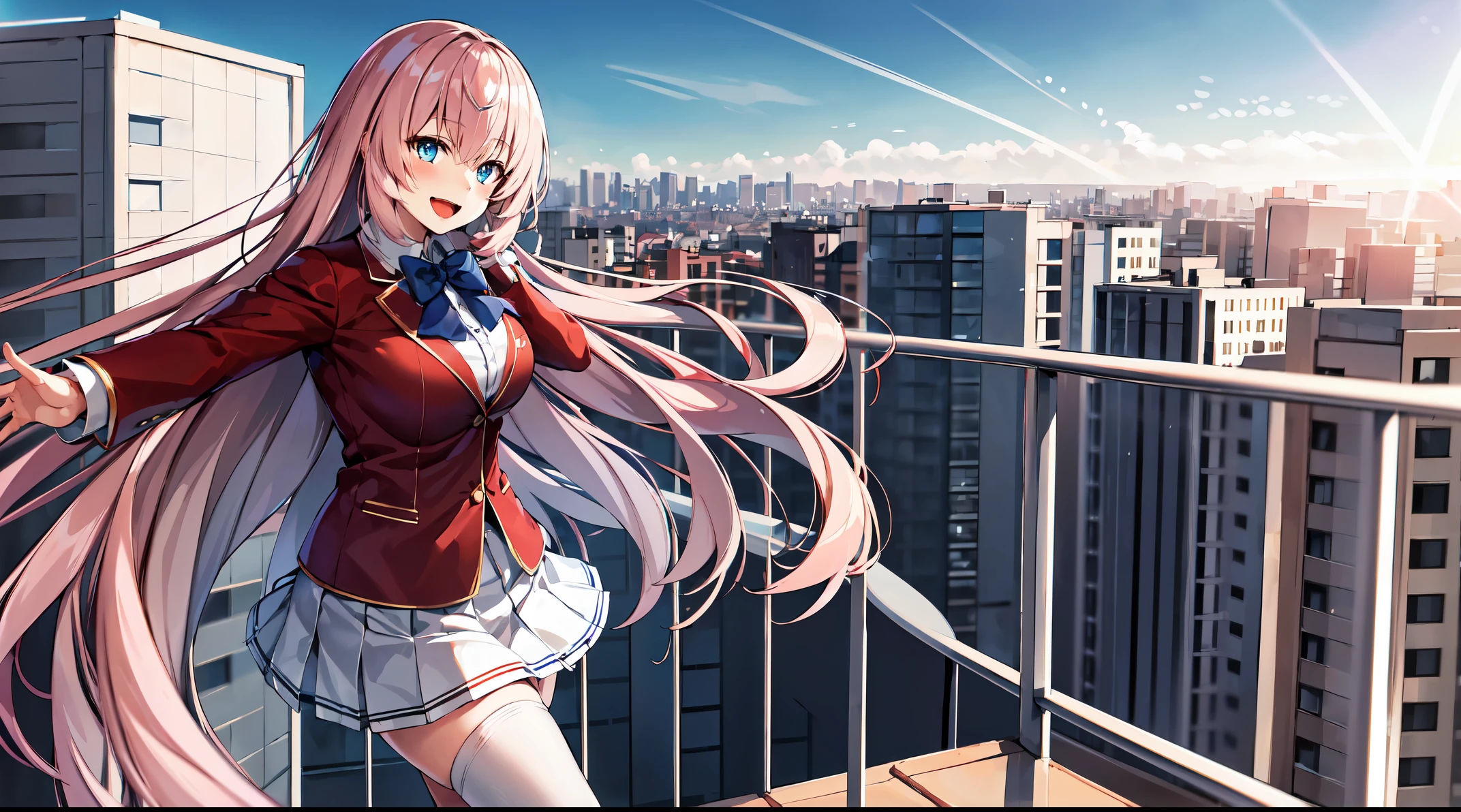 masterpiece, best quality, high resolution, Ichinose honami, long straight hair, blue bow tie, red jacket, blazer, long sleeves, white skirt, pleated skirt, black stockings,rooftop, outstretched arms, smile, open mouth, city, blue sky, standing