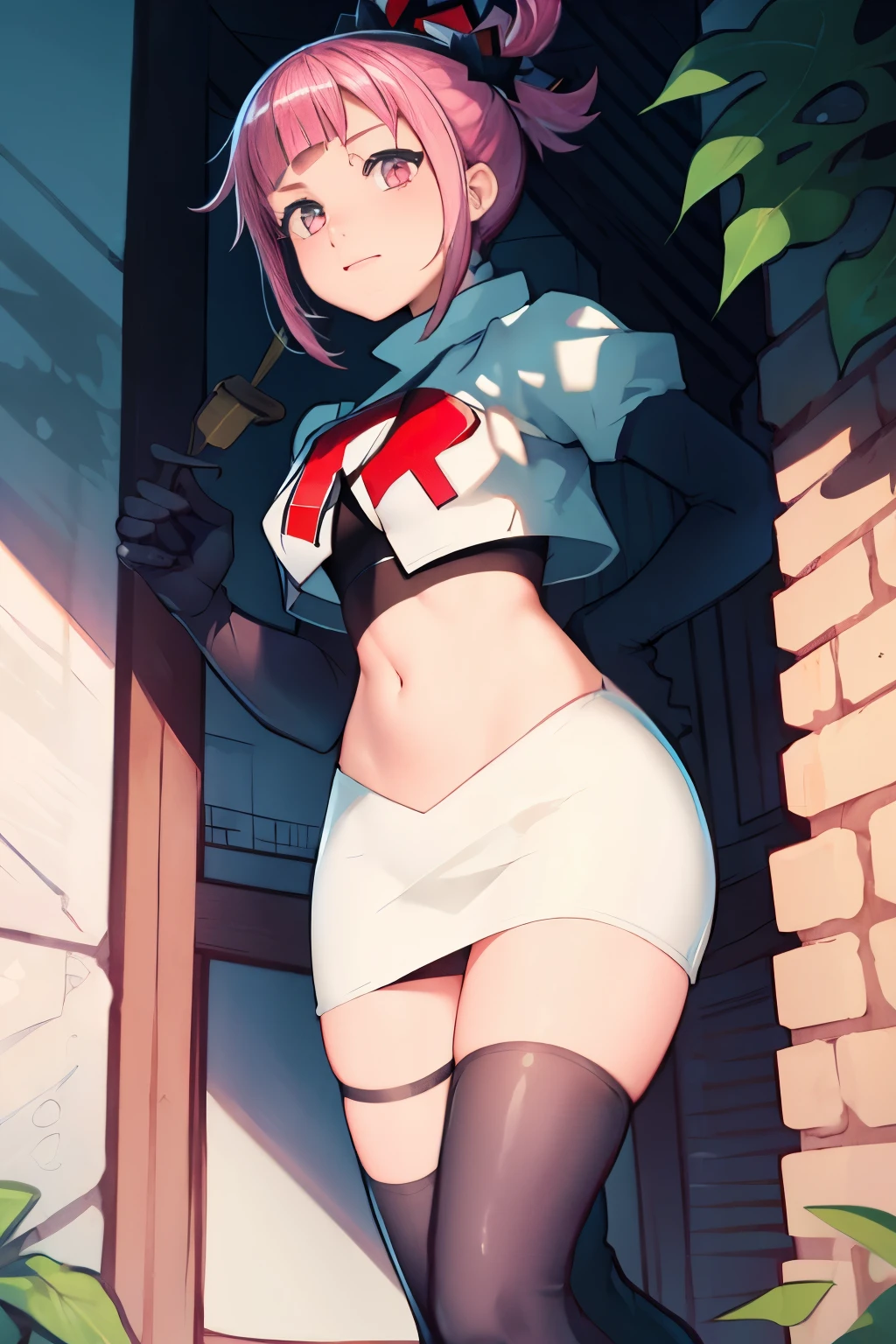 Hortensia, Hortensia \(Fire Emblem\), Hortensia \(Fire Emblem: Engage\), pink hair, team rocket, team rocket uniform, red letter R, white skirt, white crop top, black thigh-high boots, black elbow gloves,