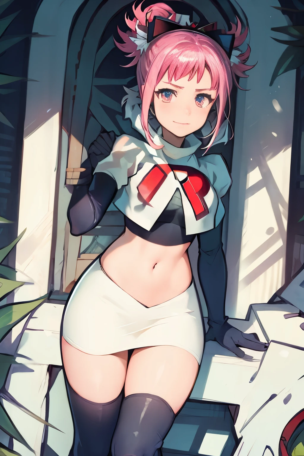 Hortensia, Hortensia \(Fire Emblem\), Hortensia \(Fire Emblem: Engage\), pink hair, team rocket, team rocket uniform, red letter R, white skirt, white crop top, black thigh-high boots, black elbow gloves,