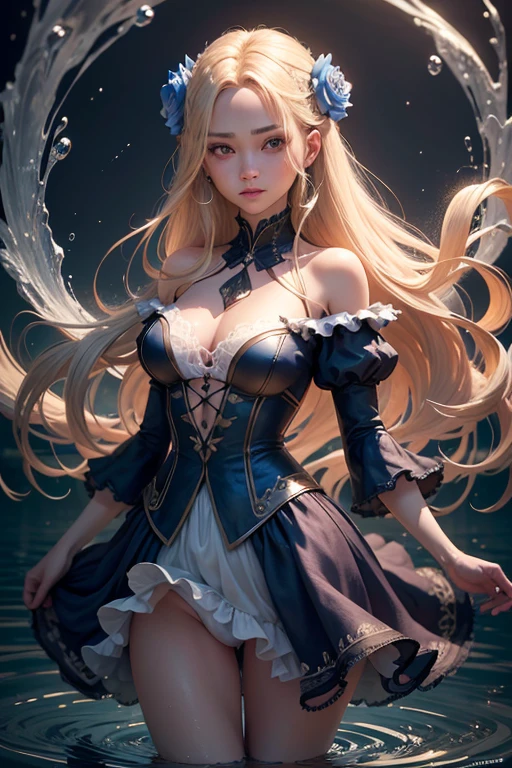 One character is a girl. The figure is full-length, standing half-turned, looking at the viewer. White skin, light long straight hair, waist length hair. Pleasant, pretty, sexy, slanted fox eyes, sweet smile. Magic in the hands, creates a water whirlwind, water sprites, in a circular motion, a water whirlpool in the hands. The magic of water. She is dressed in a blue lace dress, very short, moving to the rhythm of movement. Flowers, water, movement in a circle, one figure of a girl in the center., 02_ Atmosphere of the sea element, in blue tones, flowers, water, girl. High image quality. Wide format FUL HD. High detail, textures, fabrics, flowers, water, body, code, hair. Detailed, beautiful face. Sea light, reflection, refraction. Squeak, starfish, seabed. Unreal Engine, Cinematic 3D rendering. Epic character., blonde hair, hair flower, hair ornament, hair bobbles, x hair ornament, mole under eye, symbol-shaped pupils, sparkling eyes, Surrealism, Art Deco, high detail, Gothic art, depth of field, chiaroscuro, cinematic lighting, ray tracing, reflection light, backlighting, bloom, retina, masterpiece, ccurate, anatomically correct, textured skin, super detail, high details, high quality, award winning, 8k