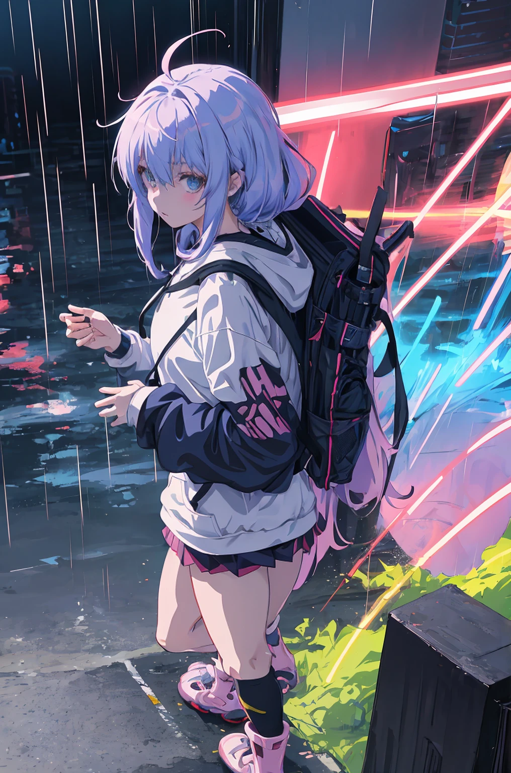 anime girl in the rain with a backpack and a backpack, anime style 4 k, cyberpunk anime girl in hoodie, 4k anime wallpaper, anime art wallpaper 8 k, anime art wallpaper 4k, anime art wallpaper 4 k, anime wallpaper 4k, anime wallpaper 4 k, anime style. 8k, badass anime 8 k, digital cyberpunk anime art